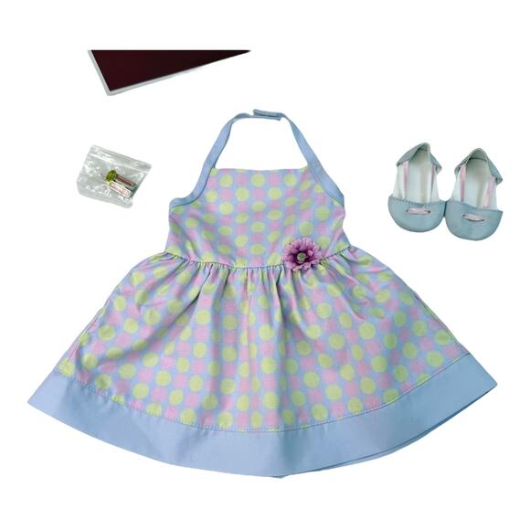 NEW American Girl CHRISSA SUNDRESS Polka Dot Flower Hair Barrettes Shoes Box - Picture 4 of 8